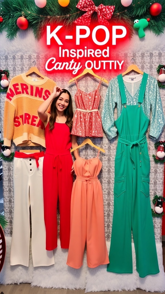 A collection of stylish K-Pop inspired outfits for a Christmas party, featuring various colors and designs.